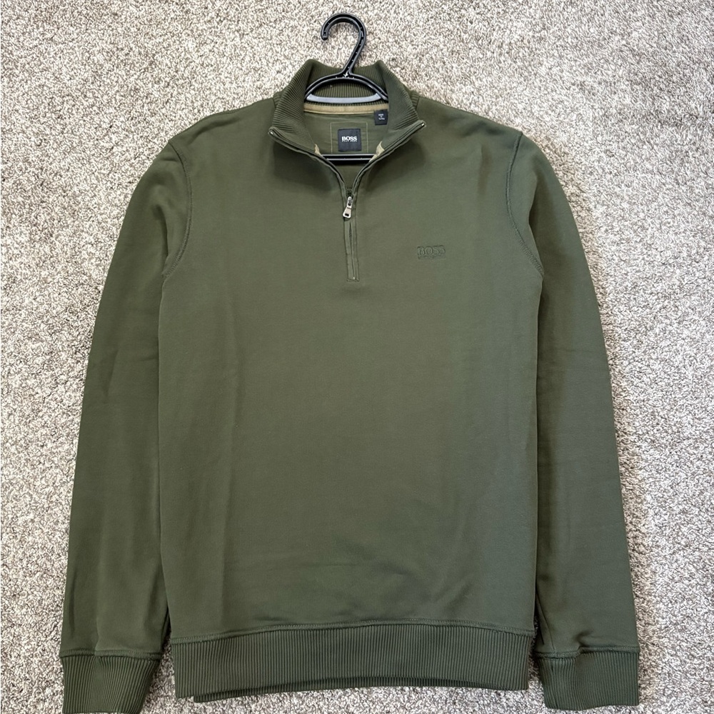 Hugo Boss Mens Green Mock Neck 1/4 Zip Long Sleeve Pullover Sweater Size Large